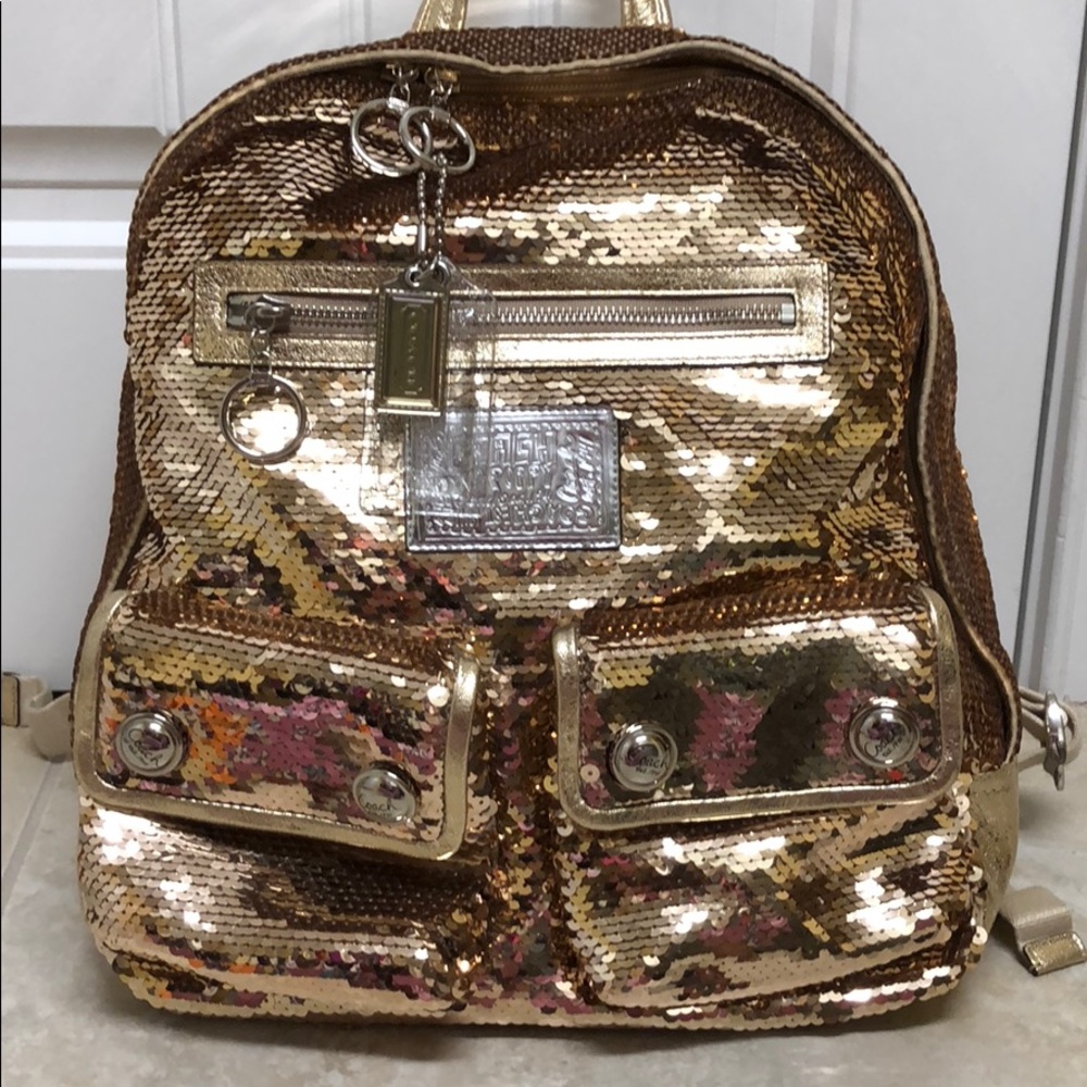 Coach poppy backpack key fob gold sequins glitter